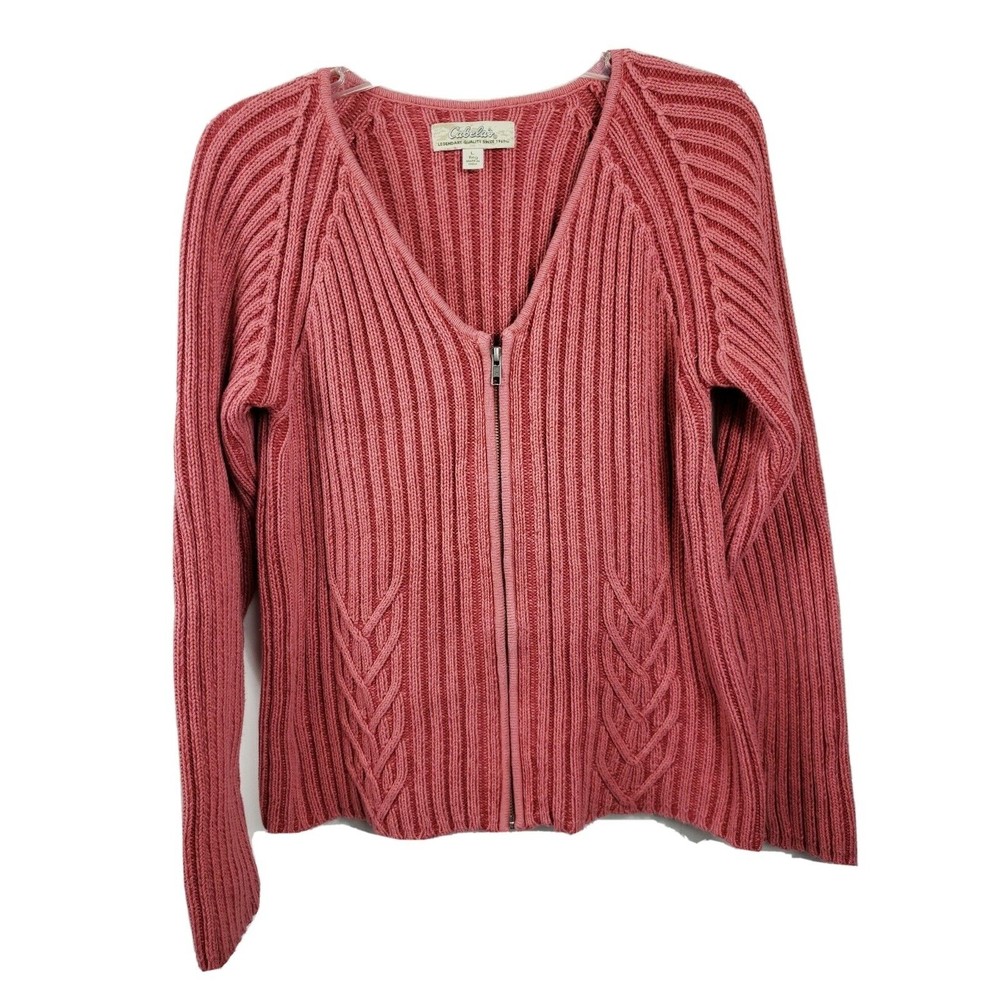 Cabelas Full Zip Cable Knit Heavy Sweater Pink Women's Size Lg cotton blend